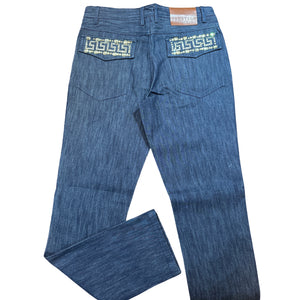 Prestige Denim Blue Greek Key Crystal High End Pants - Dudes Boutique