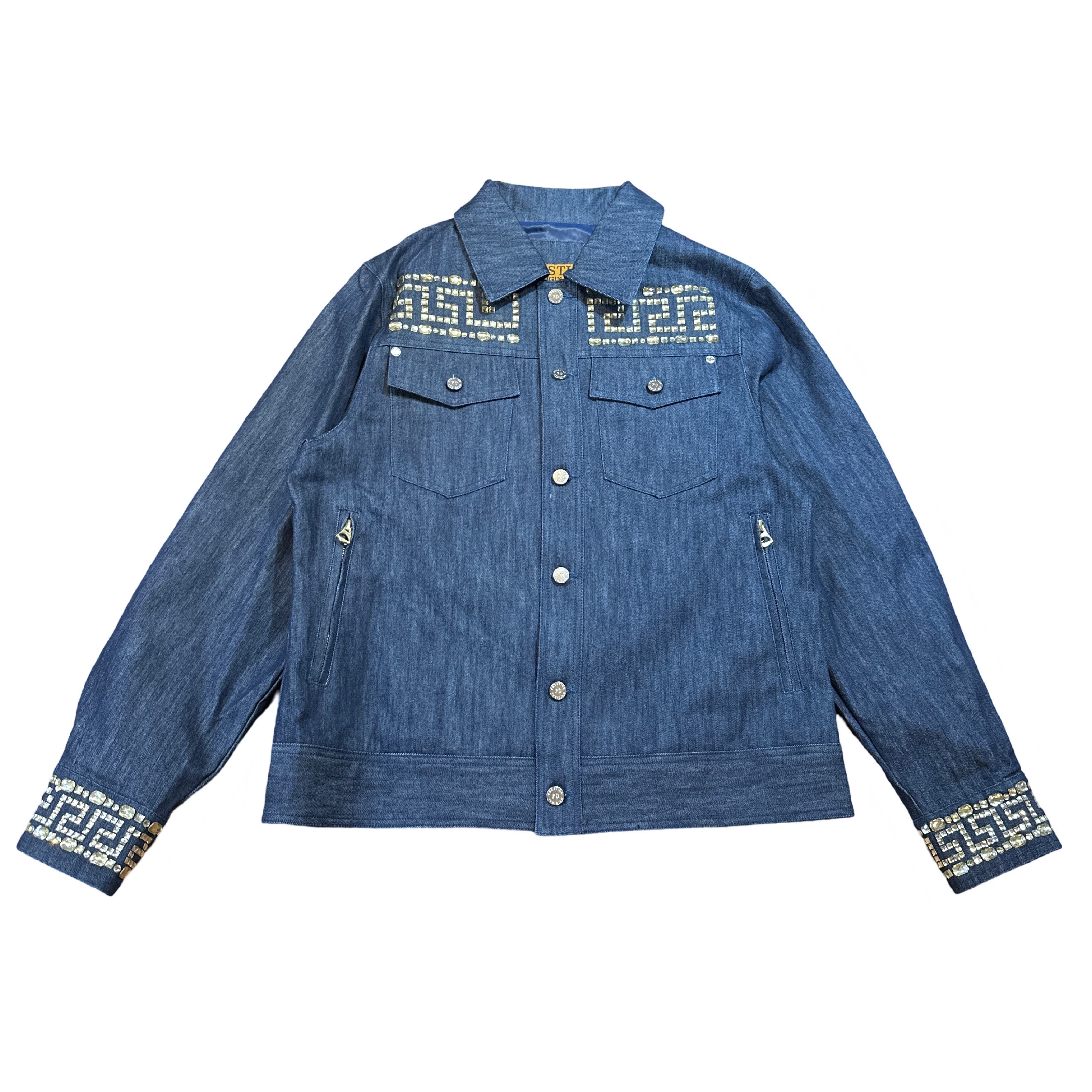 Prestige Denim Blue Greek Key Crystal Jacket - Dudes Boutique