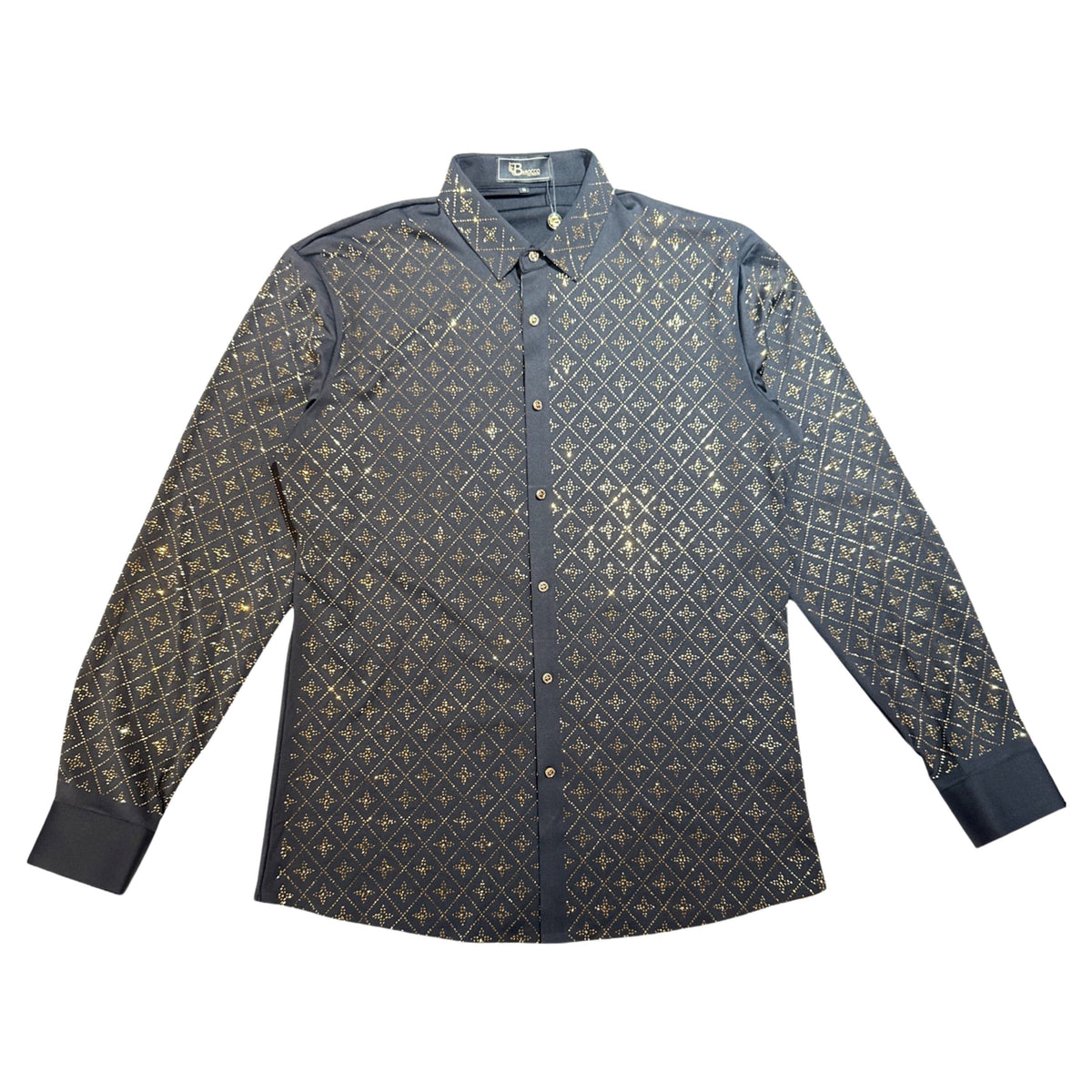 Barocco Black Crystal Golden Star Button Up Shirt - Dudes Boutique