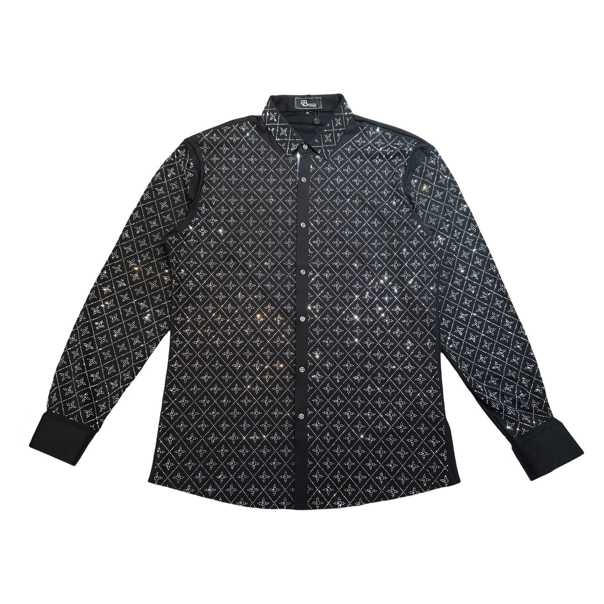 Barocco Black Crystal Silver Star Button Up Shirt - Dudes Boutique