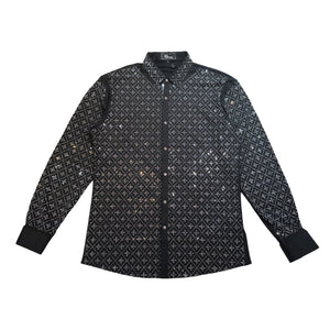 Barocco Black Crystal Silver Star Button Up Shirt - Dudes Boutique