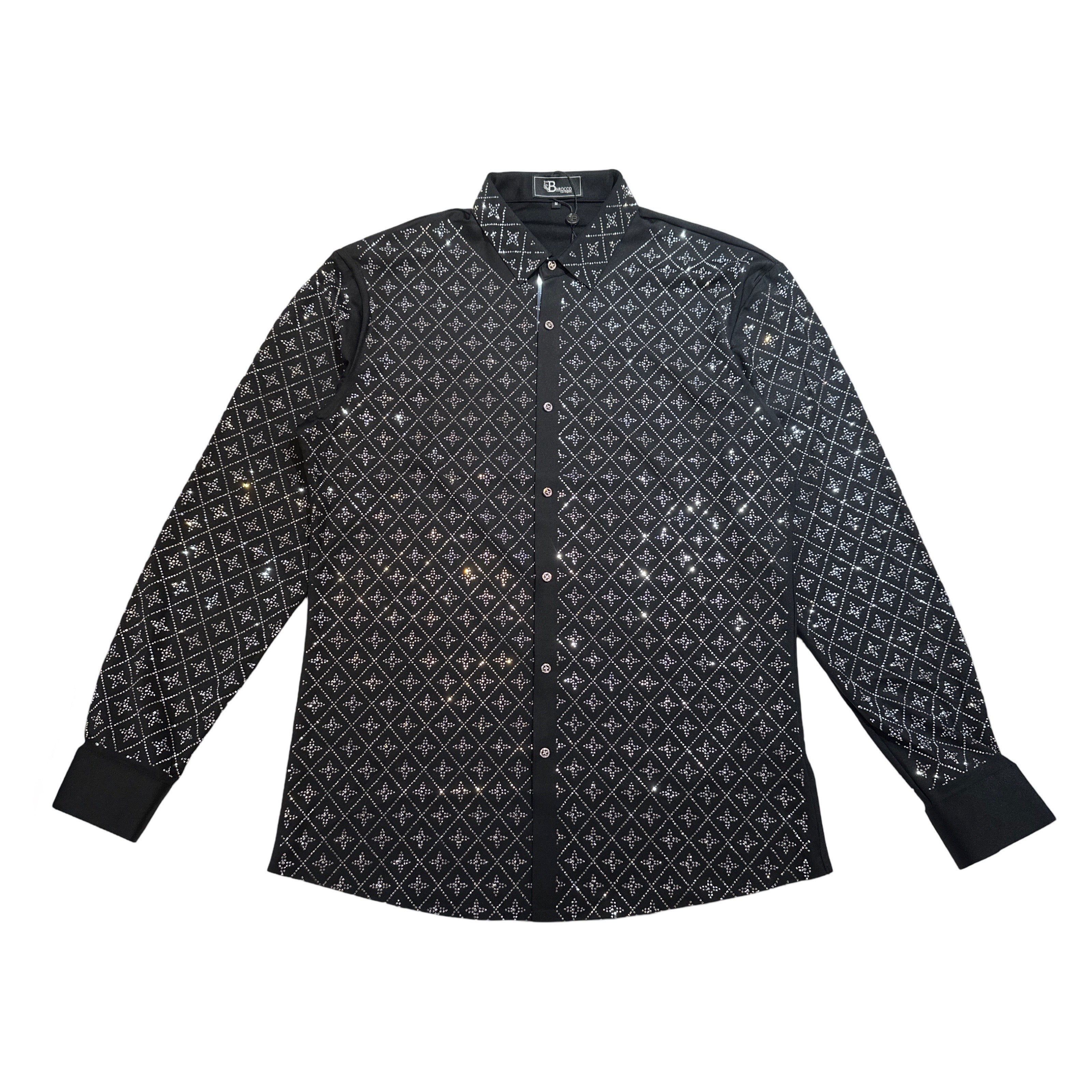 Barocco Black Crystal Silver Star Button Up Shirt - Dudes Boutique