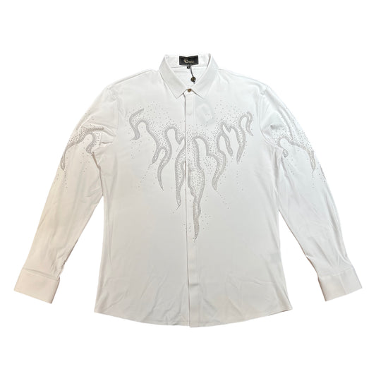 Barocco White Crystal Golden Flame Button Up Shirt - Dudes Boutique