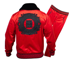 Prestige Red / Black Greek Key Velour Jogger Set - Dudes Boutique