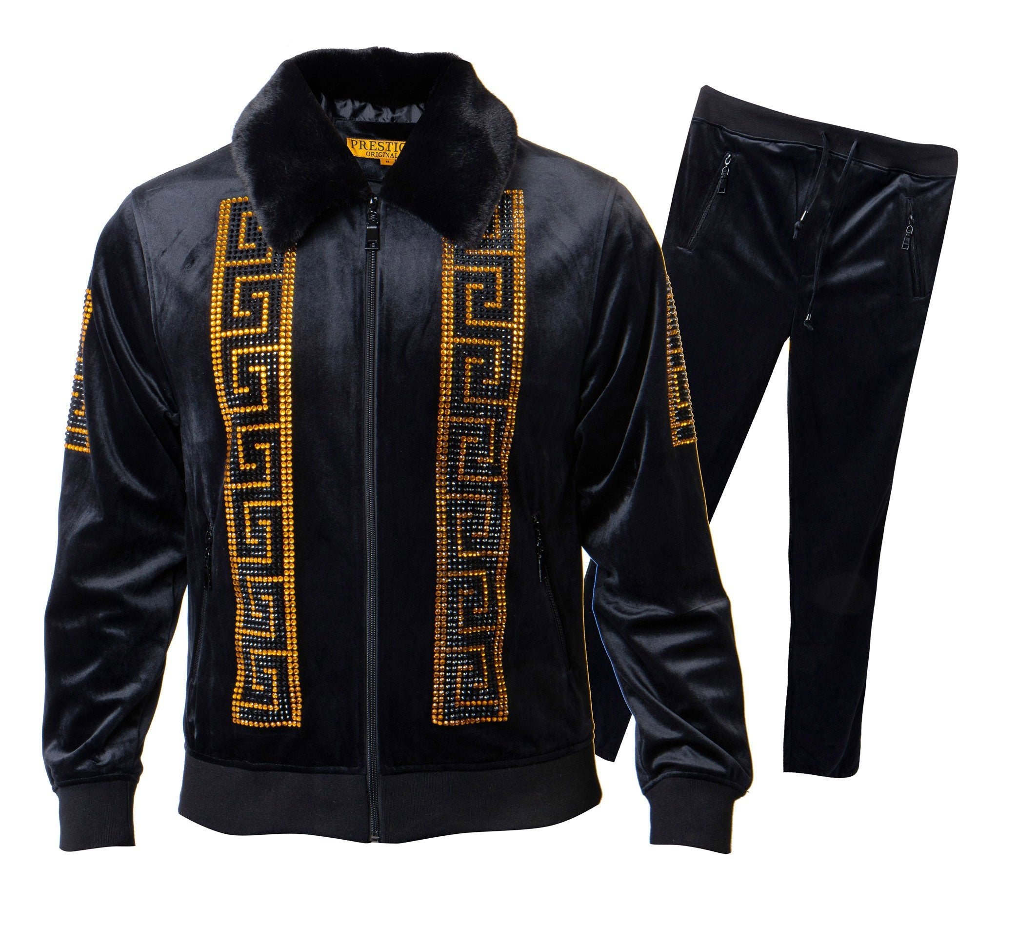 Prestige Black / Gold Greek Key Crystal Velour Jogger Set - Dudes Boutique