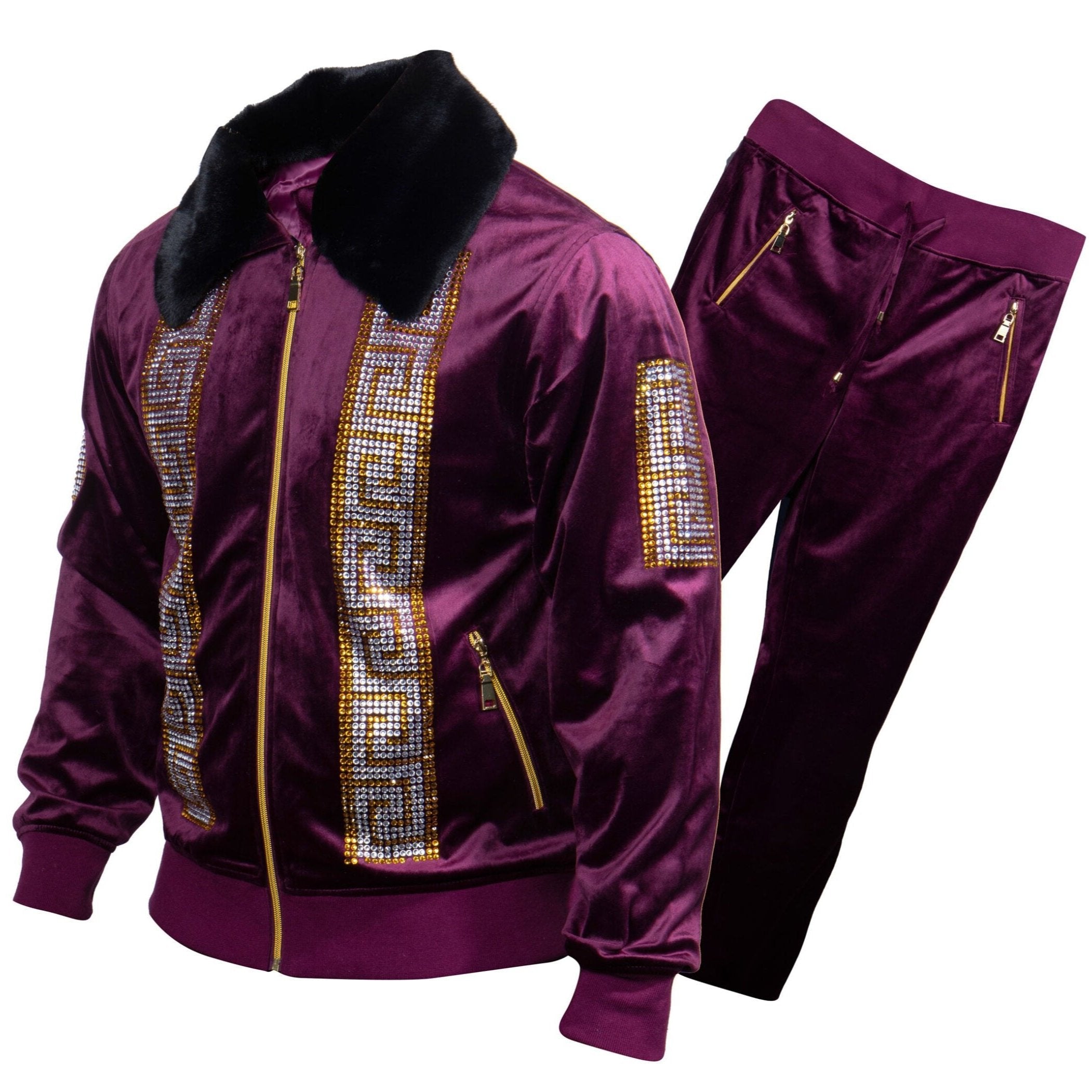 Prestige Purple Greek Key Crystal Velour Jogger Set - Dudes Boutique