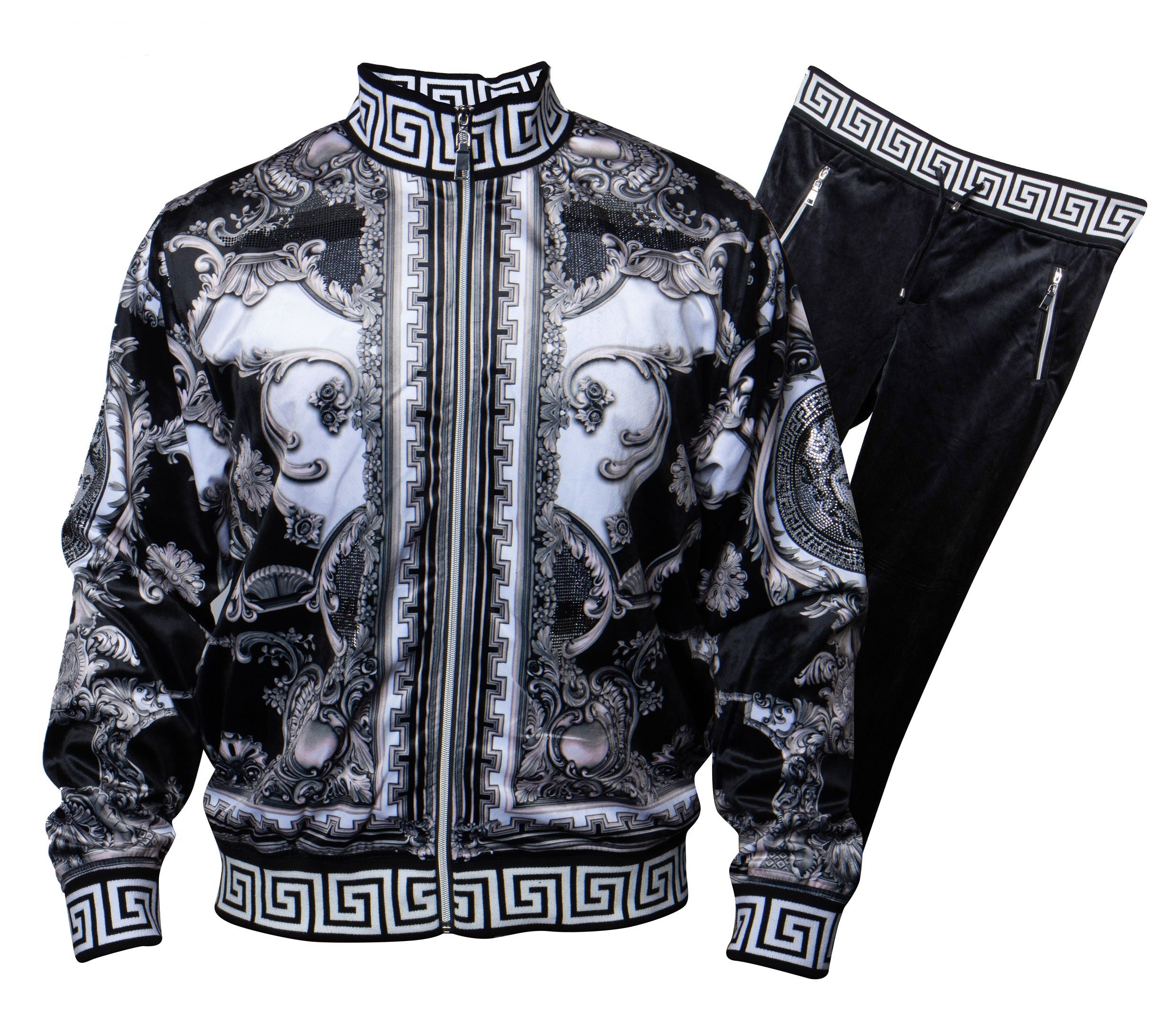 Prestige Black & White Medusa Greek Key Crystal Jogger Set - Dudes Boutique