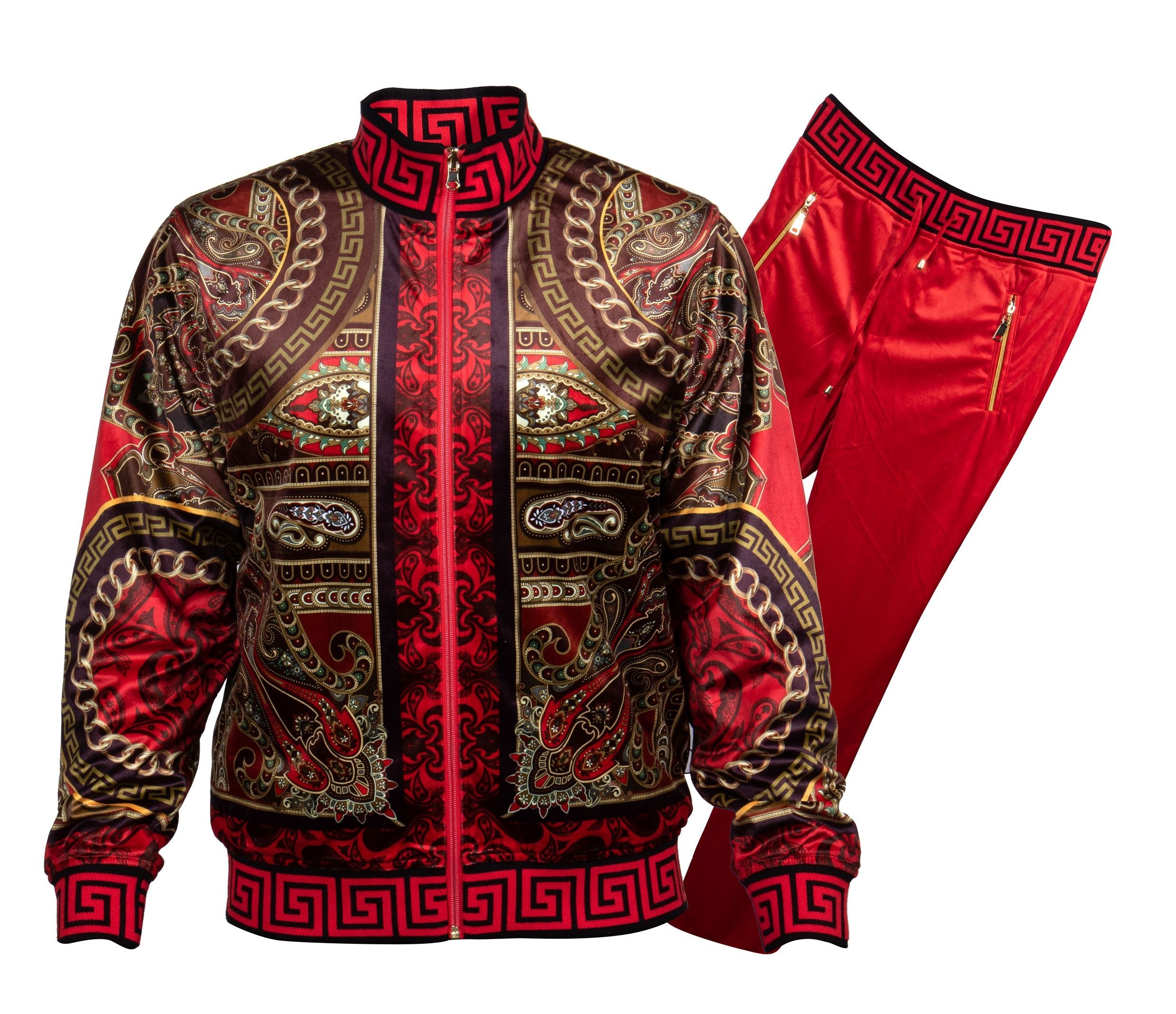 Prestige Red Paisley Chain Greek Key Reversible Jogger Set - Dudes Boutique