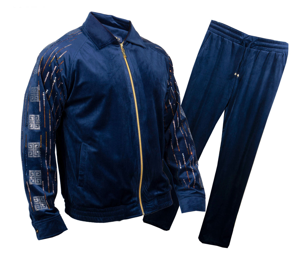 Prestige navy jogger set with crystal Greek key sleeves