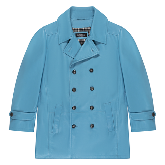 Kashani Powder Blue Double Breasted Lambskin 3/4 Trench Coat - Dudes Boutique