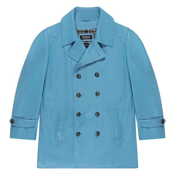 Kashani Powder Blue Double Breasted Lambskin 3/4 Trench Coat - Dudes Boutique