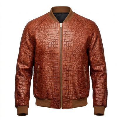 Jakewood Cognac Embossed Alligator Bomber Jacket