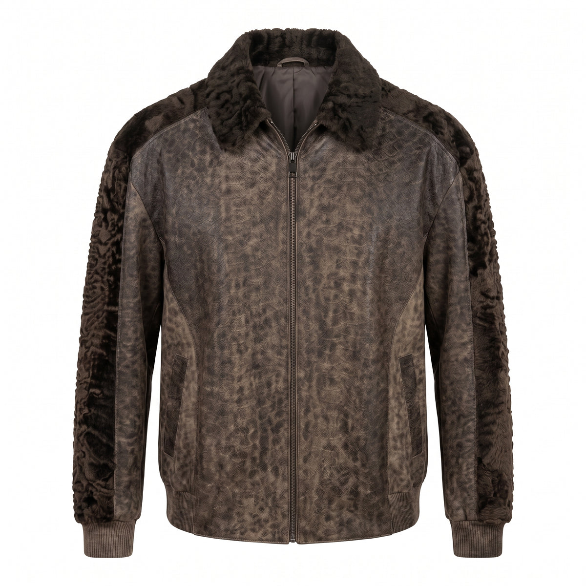 Kashani Men's Distressed Grey Python-Embossed Leather Bomber With Persian Lamb Trim