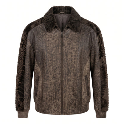Kashani Men's Distressed Grey Python-Embossed Leather Bomber With Persian Lamb Trim