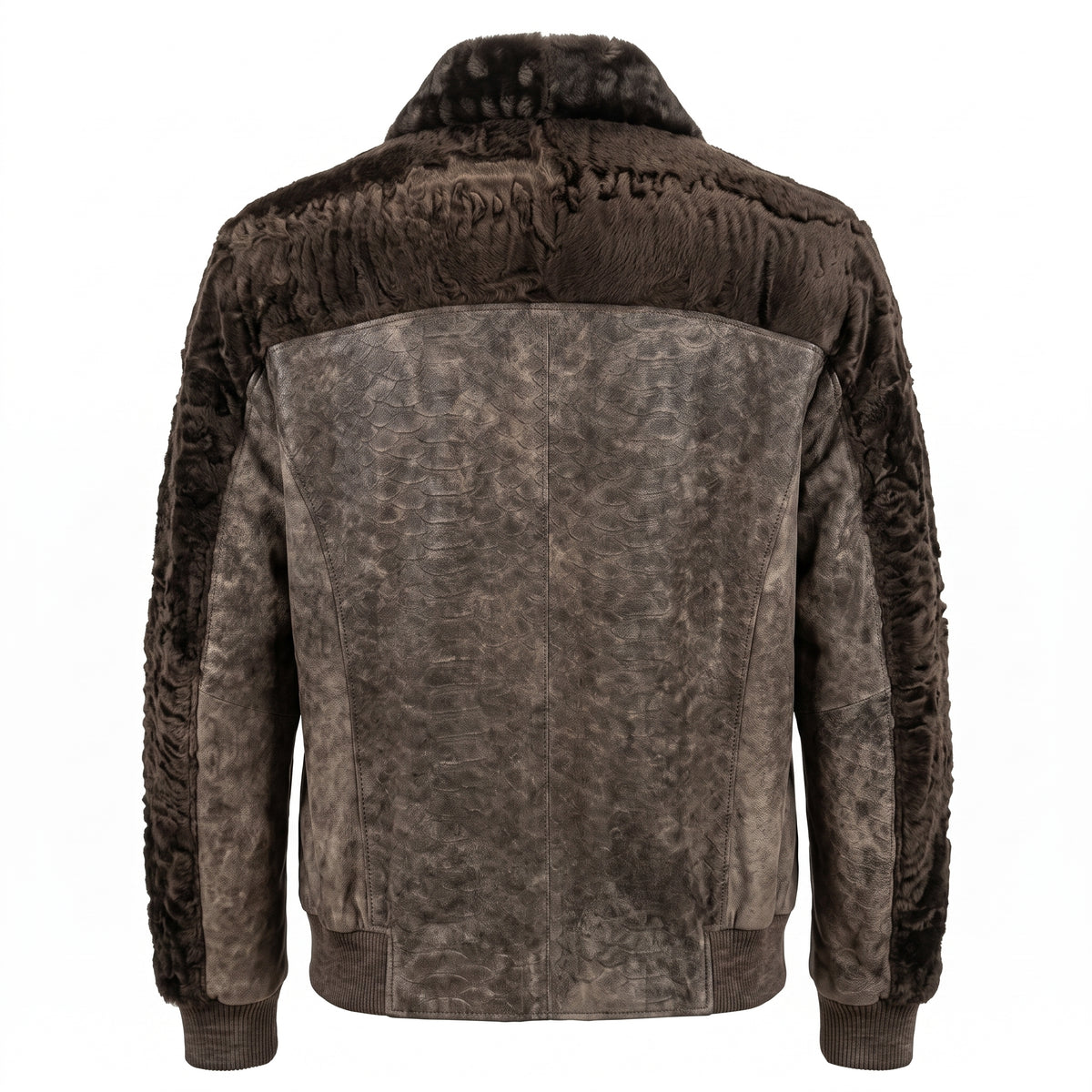 Kashani Men's Distressed Grey Python-Embossed Leather Bomber With Persian Lamb Trim