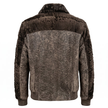 Kashani Men's Distressed Grey Python-Embossed Leather Bomber With Persian Lamb Trim