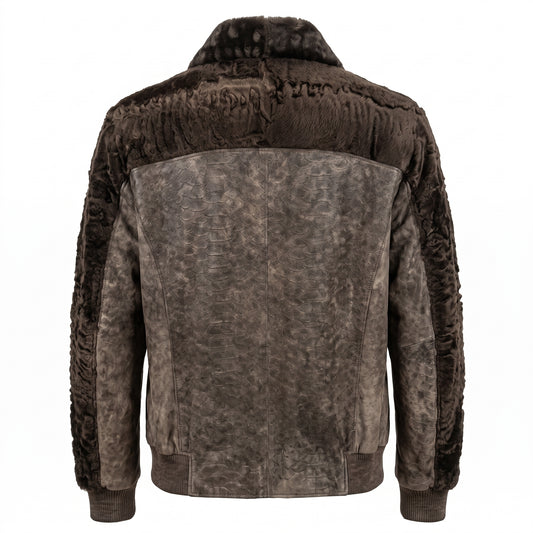 Kashani Men's Distressed Grey Python-Embossed Leather Bomber With Persian Lamb Trim