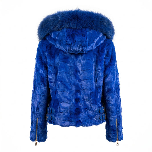 Kashani Ladies Royal Blue Diamond Cut Mink Jacket with Fox Fur Collar