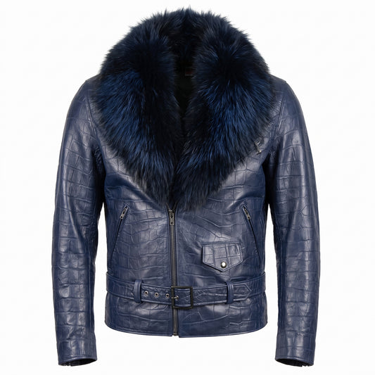G-Gator Embossed Alligator Lambskin Moto Jacket w/ Full Fox Collar