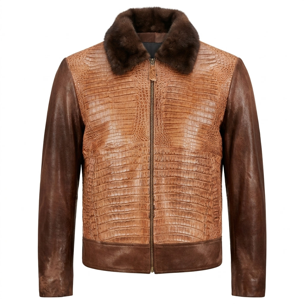 Kashani Brown Full Alligator Pony Sleeve Mink Collar Bomber Jacket