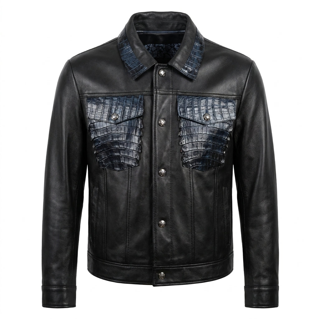 Kashani Black Leather Trucker Jacket with Crocodile Trim