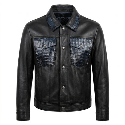 Kashani Black Leather Trucker Jacket with Crocodile Trim