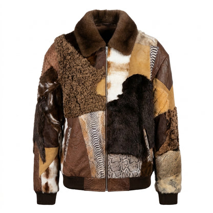 Kashani Brown Patchwork Persian Lamb, Python & Fur Bomber Jacket