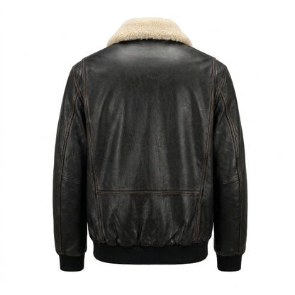 American Base New York Black Leather Aviator Bomber with Shearling Collar