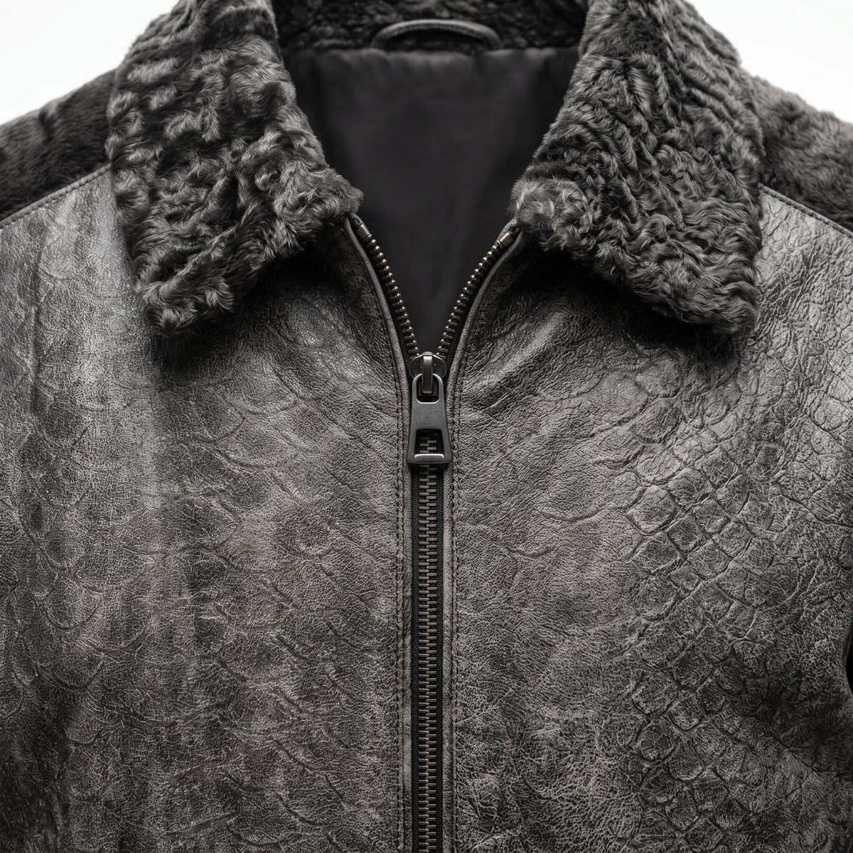 Kashani Men's Distressed Grey Python-Embossed Leather Bomber With Persian Lamb Trim
