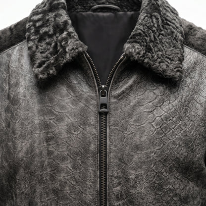 Kashani Men's Distressed Grey Python-Embossed Leather Bomber With Persian Lamb Trim