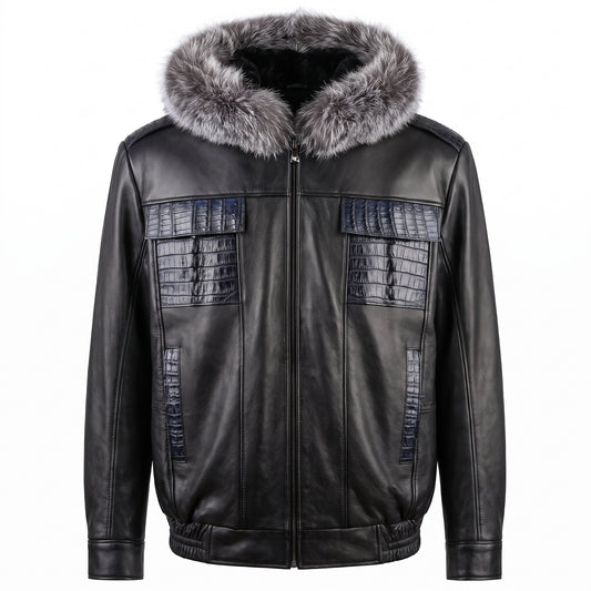 G-Gator Black Crocodile Pocket Bomber Jacket