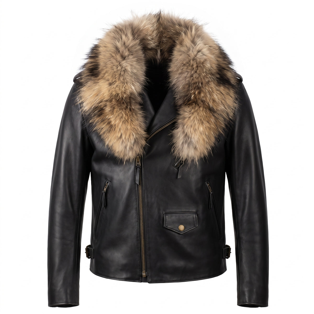 G-Gator black and natural coyote fur and cowhide biker jacket