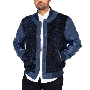 Kashani Navy Blue Persian Lamb Leather Bomber Jacket - Dudes Boutique