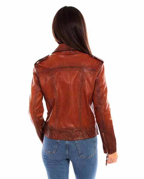 Scully Ladies Vintage Brown Lambskin Biker Jacket - Dudes Boutique