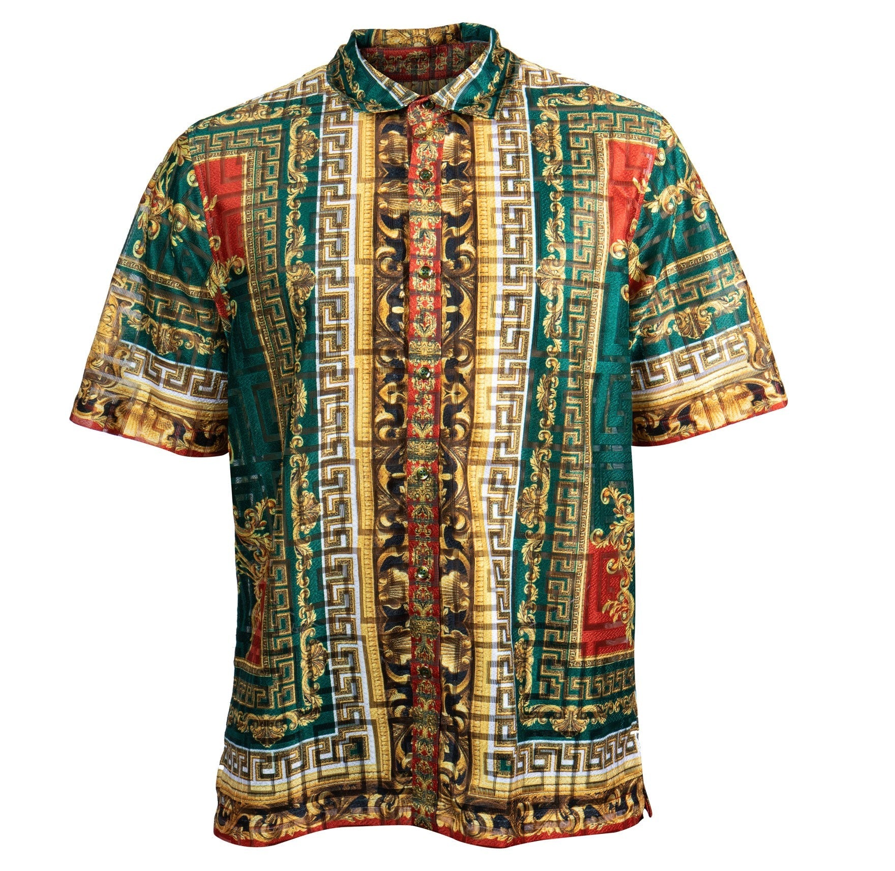 Prestige Lace Linen Royal Greek Key Green Button Up Shirt - Dudes Boutique