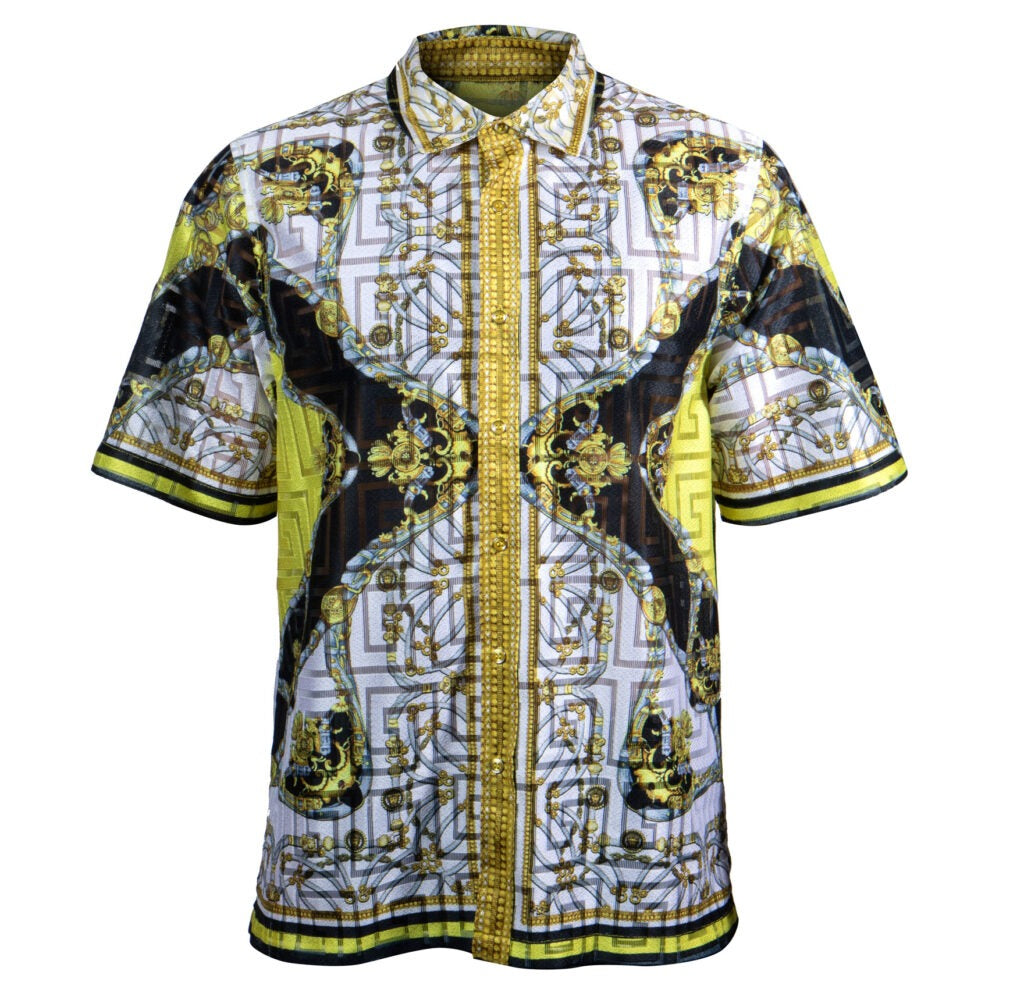 Prestige Lace Linen Crown Medusa Yellow Button Up Shirt - Dudes Boutique