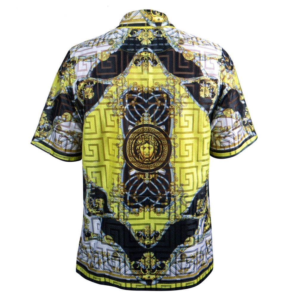 Prestige Lace Linen Crown Medusa Yellow Button Up Shirt - Dudes Boutique