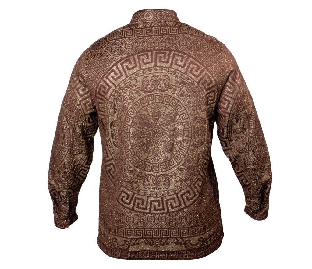 Prestige Brown Golden Glitter Greek Key Button Up Shirt - Dudes Boutique