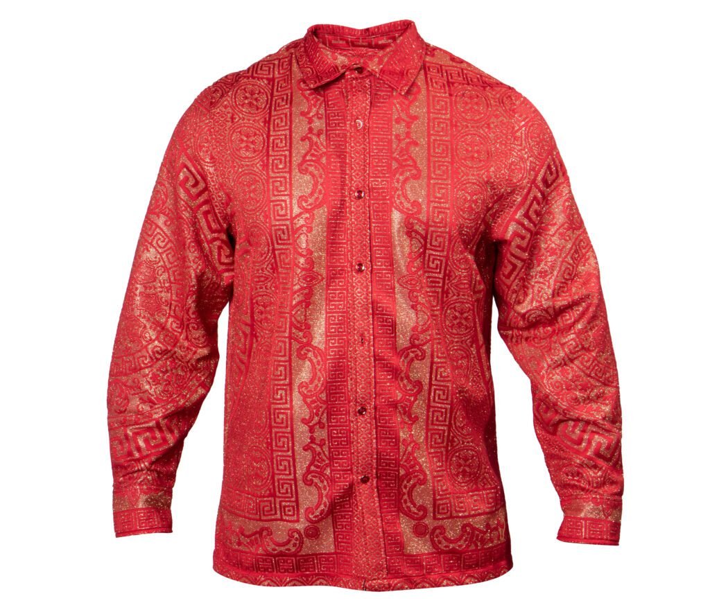 Prestige Red Golden Glitter Greek Key Button Up Shirt - Dudes Boutique