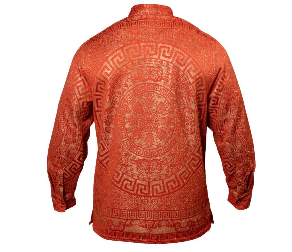 Prestige Orange Golden Glitter Greek Key Button Up Shirt - Dudes Boutique