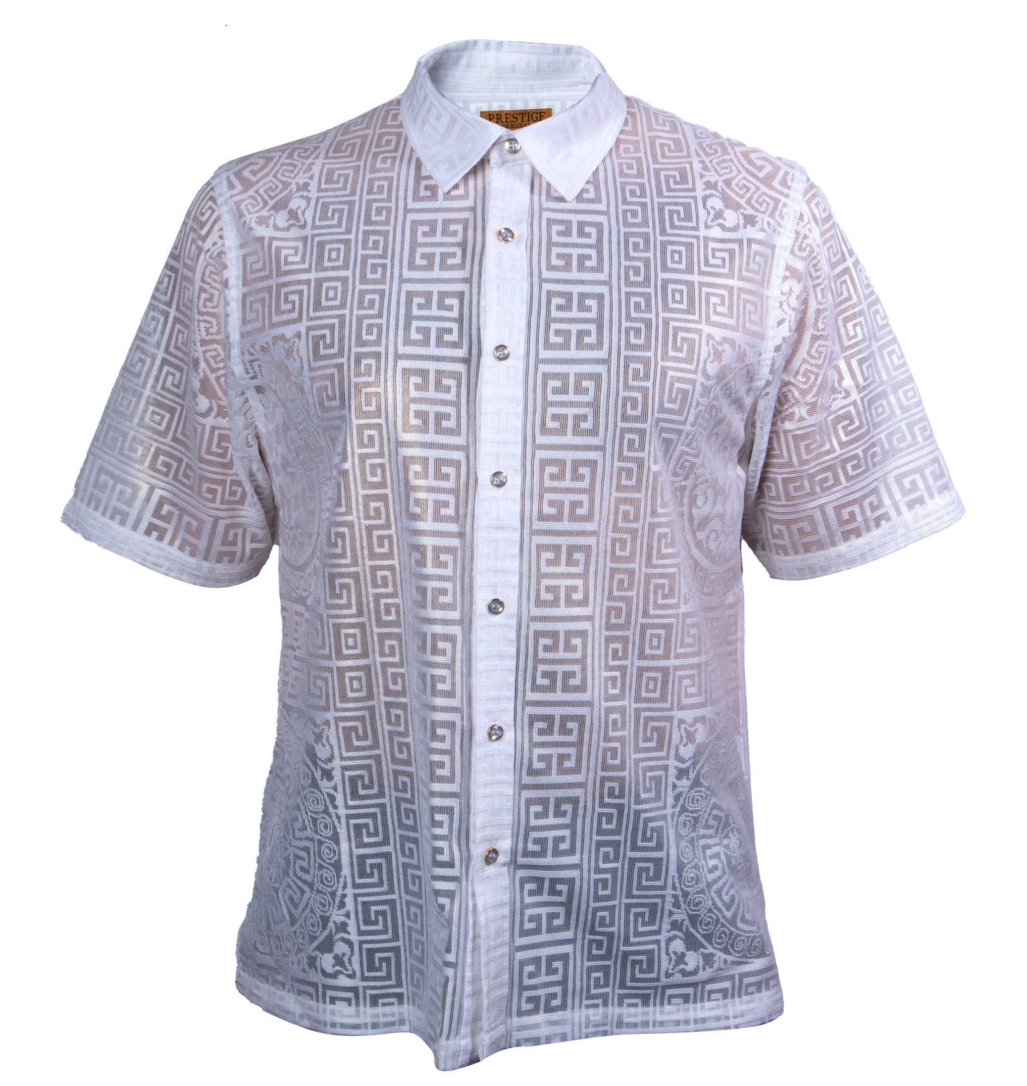 Prestige White & Gold Greek Key Lace Button-Up Shirt - Dudes Boutique