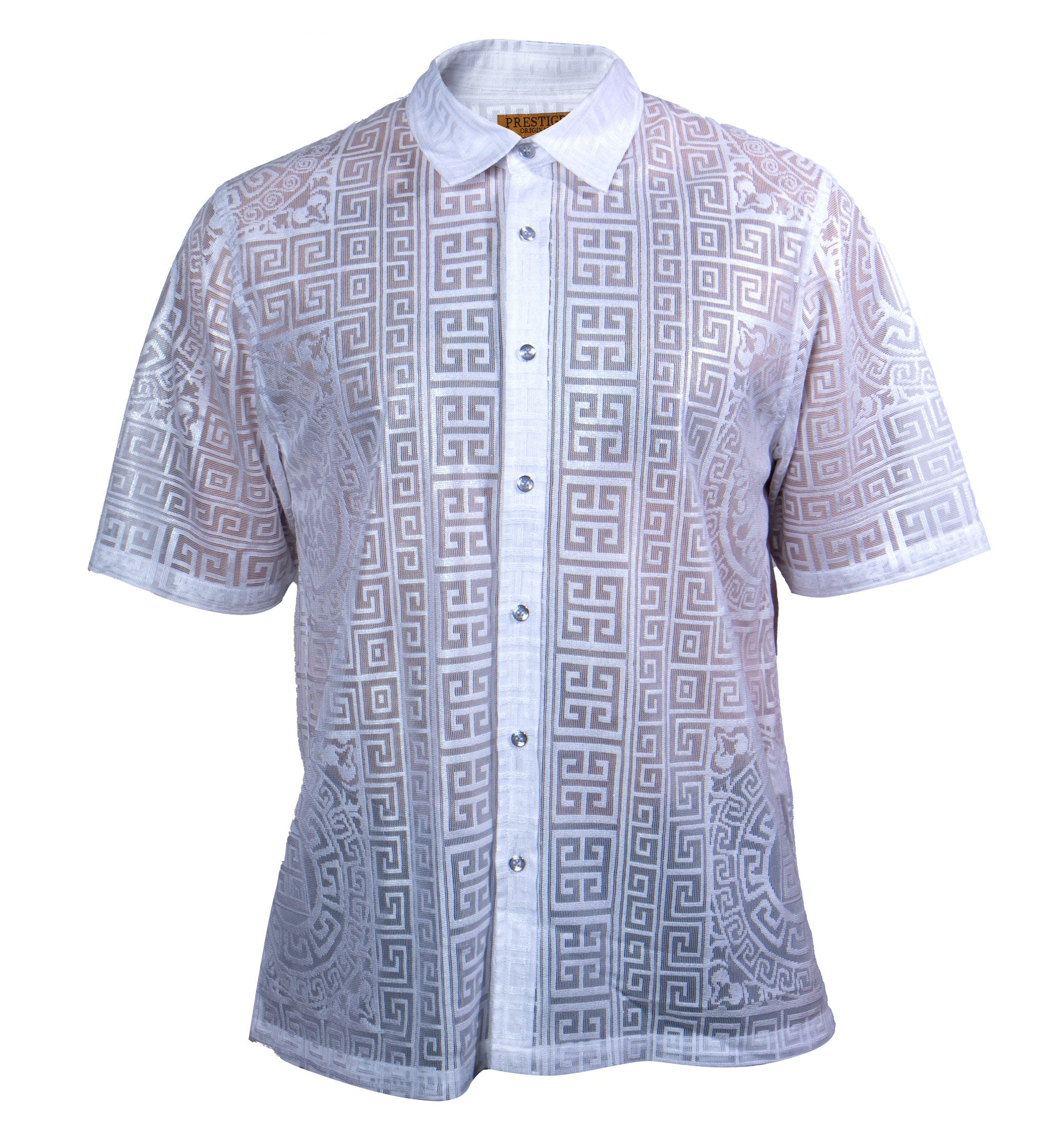 Prestige White & Silver Greek Key Lace Button-Up Shirt - Dudes Boutique