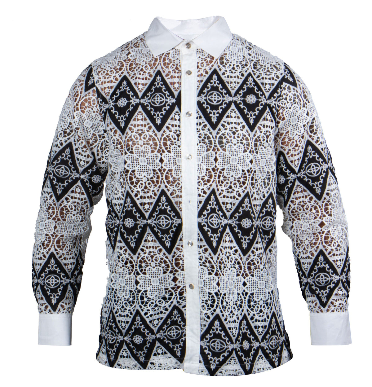 Prestige White Sacred Geometry Lace Button Up Shirt - Dudes Boutique