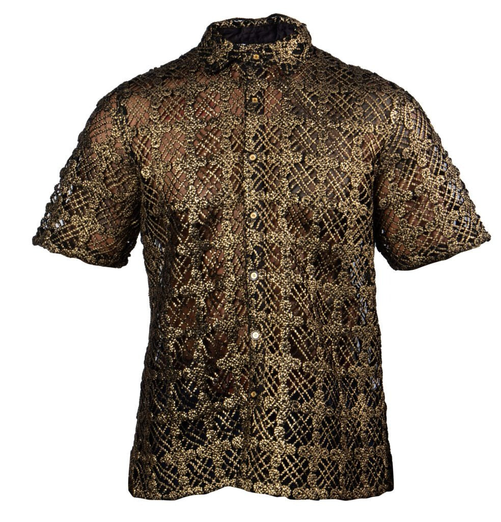 Prestige Black Gold Cross Lace Short Sleeve Button Up Shirt - Dudes Boutique