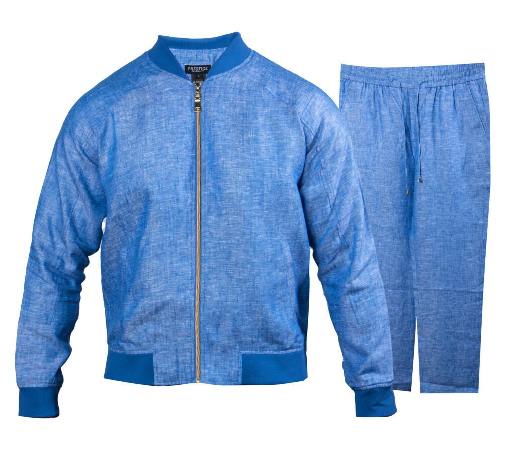 Prestige Blue Linen Bomber Jacket & Drawstring Pants Set