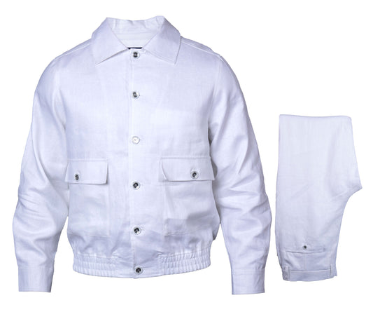 Prestige LNG-6300 White Linen Button Up Jacket & Pant Set