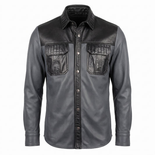G-Gator Perforated Lambskin Button-Up w/ Crocodile Pockets