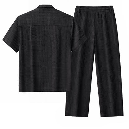 Loft Set – Textured Short Sleeve Shirt & Pant BLACK
