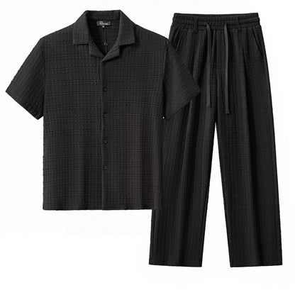 Loft Set – Textured Short Sleeve Shirt & Pant BLACK