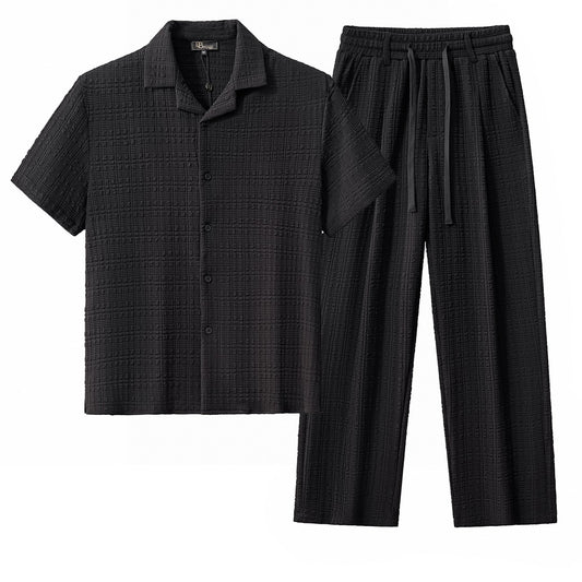 Loft Set – Textured Short Sleeve Shirt & Pant BLACK